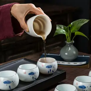 功夫茶杯套裝手繪陶瓷斗笠品茗6只裝白瓷青花瓷小茶碗茶具禮盒