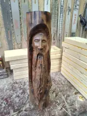 Chainsaw Carved Wood Spirit Old Man Face Wood Carving Wizard Rustic Home...