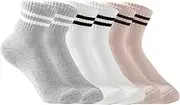 [Irisbear] Womens Crew Socks Cushioned Cotton Striped Quarter Socks Vintage Retro Running Socks 6 Pairs