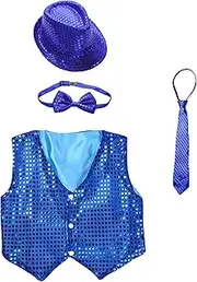 [Lejafay] Kids Boys Girls Sequins Glitter Hip Hop Jazz Dance Vest Top with Necktie Bowtie and Fedora Hat
