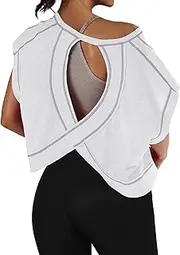 [Anoumcy] Cotton Open Back Workout Top for Women Casual Athletic Gym Yoga Workout Crop Shirts Running Activewear Tops
