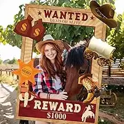 SKIRUP West Wanted Photo Booth Prop Kit - Cowboy Party Decoration Wild Western Theme Set With Selfie Poster for Cowgirl Rustic Party Supplies