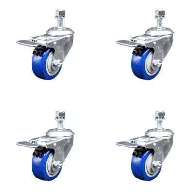 3 Inch SS Blue Polyurethane ½ Inch Threaded Stem Caster Set Total Lock Brake