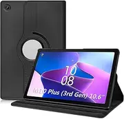 [Reelau] Rotating Case Compatible with Lenovo Tab M10 Plus (3rd Gen) 10.6 Inch Model:TB-128/ TB-125, PU Leather Case for Lenovo Tab M10 Plus Gen 3 10.6“ 2022, [Standing] [Auto Wake Up/Sleep] (Black)