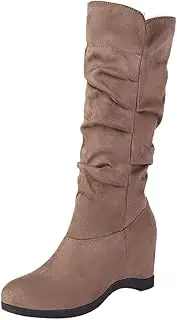 [JEUROT] Womens Mid Calf Boots Round Toe Hidden Wedge Heeled Booties Faux Suede Slip On Tall Winter Boots Casual Dress Shoes