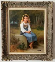 A beautiful young girl in nature - amazing portrait - ornate gold frame