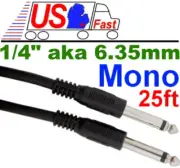 25ft Mono 1/4"Male~M Guitar/Amp/Microphone/PA/Mic Patch/Cable/Cord/Wire,6.35mm{-