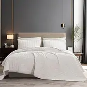 SHALALA Corduroy Quilt Queen Size 3 Pieces Bedding Set,Striped Bed Cover Cozy Bedspread Coverlet with 2 Matching Pillow Shams,Soft Lightweight Quilt Set for All Season(Ivory,Full/Queen)