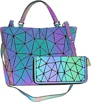 [Suuran] Geometric Luminous Purses and Handbags for Women Holographic Reflective Crossbody Bag Wallet Flash Rainbow Tote 01Q