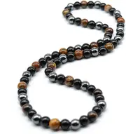 Morakot 8MM Natural Tiger Eye Lava Stone Beaded Choker Necklace Genuine Gemstone Anxiety Stretch Necklace For Men Triple Protection