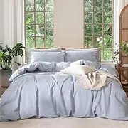 [MOOMEE] Bedding Duvet Cover Set 100% Washed Cotton Linen Like Textured Breathable Durable Soft Comfy (Cornflower Blue, Queen)
