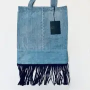 NWT One Teaspoon Denim Light Blue Vintage Leather Fringe Tote Bag One Size