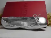 VALENTINO GARAVANI Metallic Silver Leather VLogo Square Toe Ballet Flats Size 41
