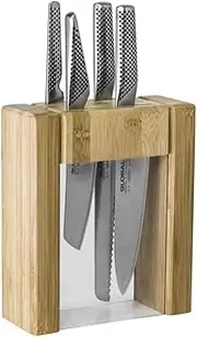 Global Ikasu V 5-Piece Knife Block Set, Made in Japan, Bamboo Storage Block,Silver
