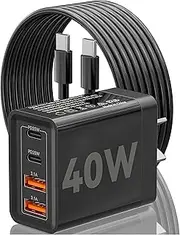 USB C Fast Charger, 40W Dual USB-C Wall Charger, 4-Port 20W USB C Power Adapter with QC3.0 AUS Plug, Dual PD USBC Charger with C to C Fast Charging Cable Compatible with iPhone, Mac Book Air，Laptop