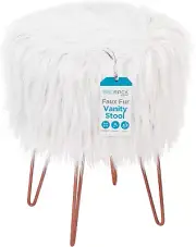 White Faux Fur Vanity Stool Chair - Soft Furry Compact Padded Seat - Vanity, Liv