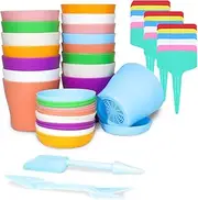 36Pcs 4 inch Plastic Plant Pot Set, FHDUSRYO 16 Small Flower Pots with Saucers, Thickened Seedlings Nursery Pots with 18 Label 2 Tool, Colorful Flower Plant Container Seed Starting Pot for Home Garden