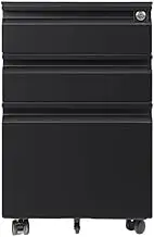 File Cabinet Steel Cabinet Three Drawers with Wheels Mobile Office File Short Cabinet with Lock Thick Office Drawer(Black)