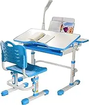 Kids Functional Desk and Chair Set, Ergonomic School Students Writing Desk, with Drawing Tilt Desktop, Bookstand,LED,Light,Storage Drawer for Boys Girls (Color : A)