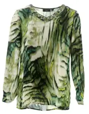 Susan Graver Artisan Printed Feather Weave V-neck Top w/ Embellishment, Green, 8