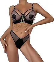 [Generic] Cow Lingerie Look Lingerie Set Backless Leather Bodysuit Metal Tassel Chain Sleepwear Clubwear Dark Lingerie Stockings