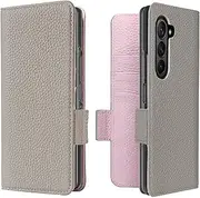LANJLM Samsung Galaxy Z Fold 5 5G Wallet Case Genuine Leather Magnetic Buckle Flip Case Card Holder Shockproof Flip Cover - Gray & Pink