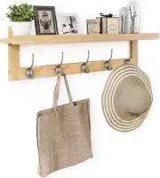Coat Hooks with Shelf WallMounted 29.2In Bamboo Hanging Shelf 5Double Metal Hook