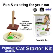 Cat Kit Kitten Bed, Bowl, Scratching Post Rainbow Teaser Toy Set