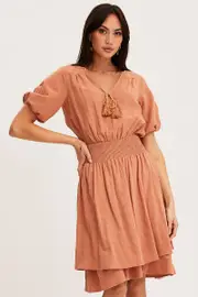 Orange Midi Dress Short Sleeve V Neck - Size 12, Women's F Mini Dress