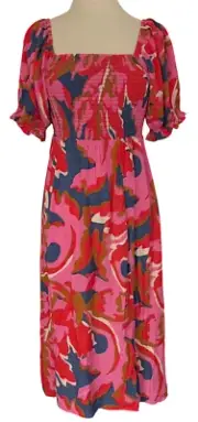 Mister Zimi Kiera Sugar Maple Puff Sleeve Smocked Midi Boho Dress US 8 AU 12 NWT