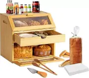 TGLS 3-Layer Bamboo Bread Box with Slicer, Bag, Tong - Large Wooden Storage