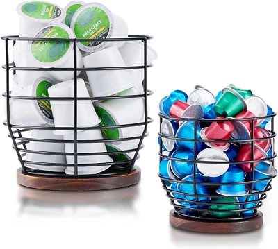 2Pcs Coffee Pod Holder ,Large Capacity Black Wire K Cup Holder with Wooden Base,