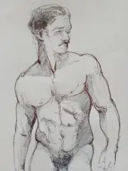 Original Pen & ink Line Drawing of a Standing Male Nude Upper Torso on Paper