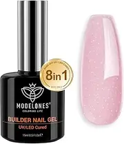 [Modelones] Builder Nail Gel, 8-in-1 Nude Pink Glitter Builder Nail Gel Polish, Rainbow Iridescent Shimmer Rubber Base Gel Polish, Jelly Pink Sparkle Hard Gel Color Base LED Cured Extension Gel Nail Art