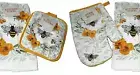 Kitchen Linen Set Towels Potholder Oven Mitt Bumble Bees and Flowers 4 piece Set