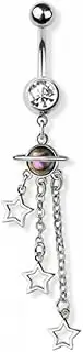[Pierced Owl] 14GA 316L Stainless Steel Planet with Triple Chain Dangling Stars Belly Button Ring