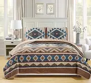 Western Southwestern Native American Tribal Navajo Design 3 Piece Multicolor Beige Taupe Brown Blue Green Oversize King/California King Bedspread Quilt Coverlet Set (118X95)