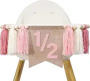 WAWUO Pink 1/2 Birthday High Chair Banner - Girls Half Birthday Party Decorations,Pink Tassel Wood Bead Highchair Garland
