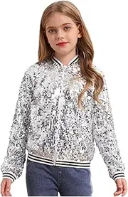 [YiZYiF] Kids Girl's Sequin Baseball Jacket Long Sleeve Full-zip Bomber Jacket Glitter Coat Hip Hop Outfits