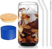 DAMCONME Glass Cups with Lids and Straws 1Pcs, Iced Coffee Cup with Lid, Smoothie Cup, Cocktail Glasses for Whiskey, Soda, Matcha, Juice – 20 Oz with Bamboo Lid, 2 Straws, 1 Brush, Navy Blue
