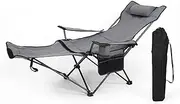 Portable Folding Recliner Chair Adjustable Back Angle,Removable Footrest, Armrest, Pillow, Cup Holder, and Storage Bag Included 135kg Load Capacity,Grey