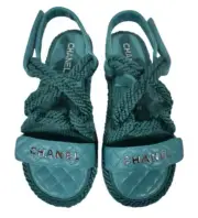 Chanel 21S Dad Green Blue Cord Rope CC Quilted Mule Ankle Strap Sandal Flat 40