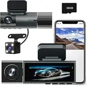 3 Channel Dash Cam Front and Rear Inside for Cars, Full UHD Car Camera Front Rear with 32GB Card, Car Camera with IR Night Vision, 170°Wide Angle, G-Sensor, 24H Recording, Loop Recording
