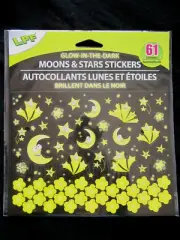 BRIGHT BRILLANT YELLOW MOON & STARS GLOW-IN-THE-DARK PACKAGED 61 STICKERS NEW!