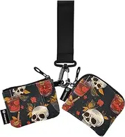 [XYMZR] Mini Zip Around Wristlet keychain Wallet Skull Black Cocktails for Women Personalized Pattern Detachable Dual Pouch Wristlet Portable Wallet Phone Coin Purse, Multi-colored, One Size