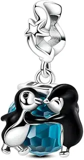 [The Charmery] Kissing Penguins Hugging Ice Cube Charm 925 Silver Charm Compatible with Pandora Charms, Trollbeads, Chamilia, Biagi and Many Other UK Charm Bracelets.