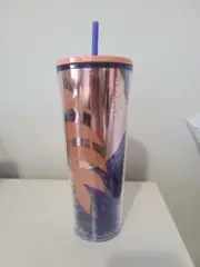 Starbucks Palm Leaf Summer Purple Peach Rose Gold Cold Cup Tumbler 24oz