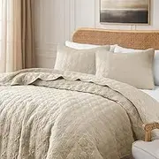 Beige Twin Size Quilt Bedding Sets with Pillow Sham, Summer Lightweight Soft Bedspread Coverlet, Netural Farmhouse Country Textured Quilted Blanket Thin Comforter Bed Cover , 2 Pieces, 68x90 inches