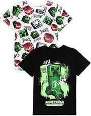 [Minecraft] T-Shirt 2 Pack Kids | Boys Girls Skeleton Boom Creeper Game Characters Black and White Top Short Sleeve