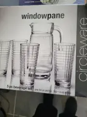 Vintage 5 Piece Drink Set Clear, Windowpane Style 1 Pitcher 4 Glasses Circleware